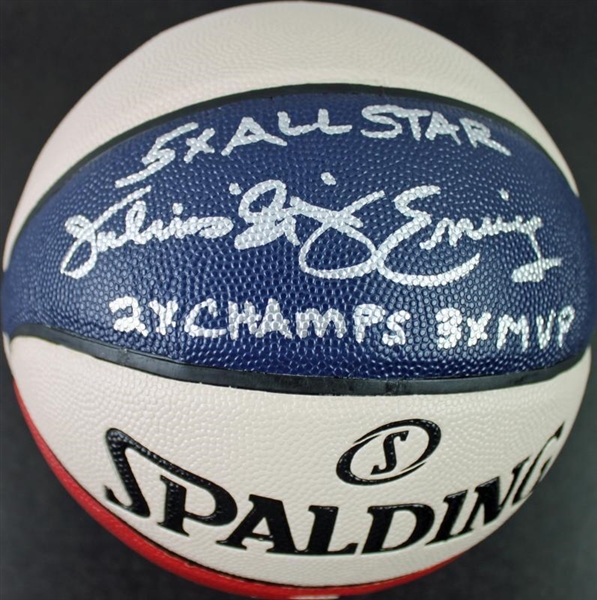 Julius Erving Signed Spalding Official ABA Game Model Basketball with "5x All-Star, 2x Champs, 3x MVP" Inscription (PSA/DNA)