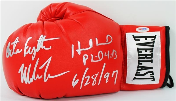 Mike Tyson & Evander Holyfield Signed Everlast Boxing Glove w/ "Bite Fight - 6-28-97" Inscription (PSA/DNA)