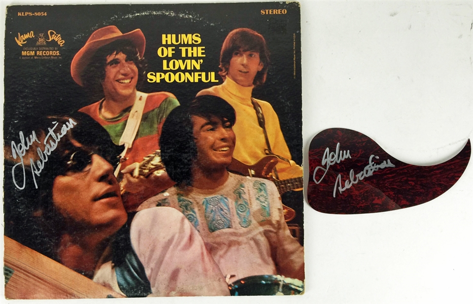 John Sebastian Lot with Signed "Hums Of The Lovin Spoonful" Record Album Cover & Acoustic Pickguard (PSA/JSA Guaranteed)