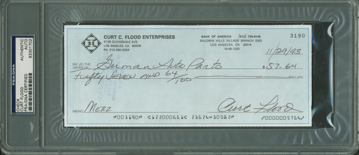 Curt Flood Signed & Hand Written 1993 Bank Check (PSA/DNA Encapsulated)
