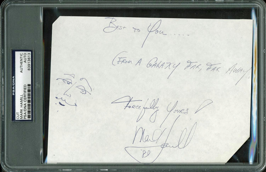 Star Wars: Mark Hamill ULTRA-RARE Signed 4" x 6" Album Page w/ Self Sketch & "Galaxy Far, Far Away," Inscription! (PSA/DNA)