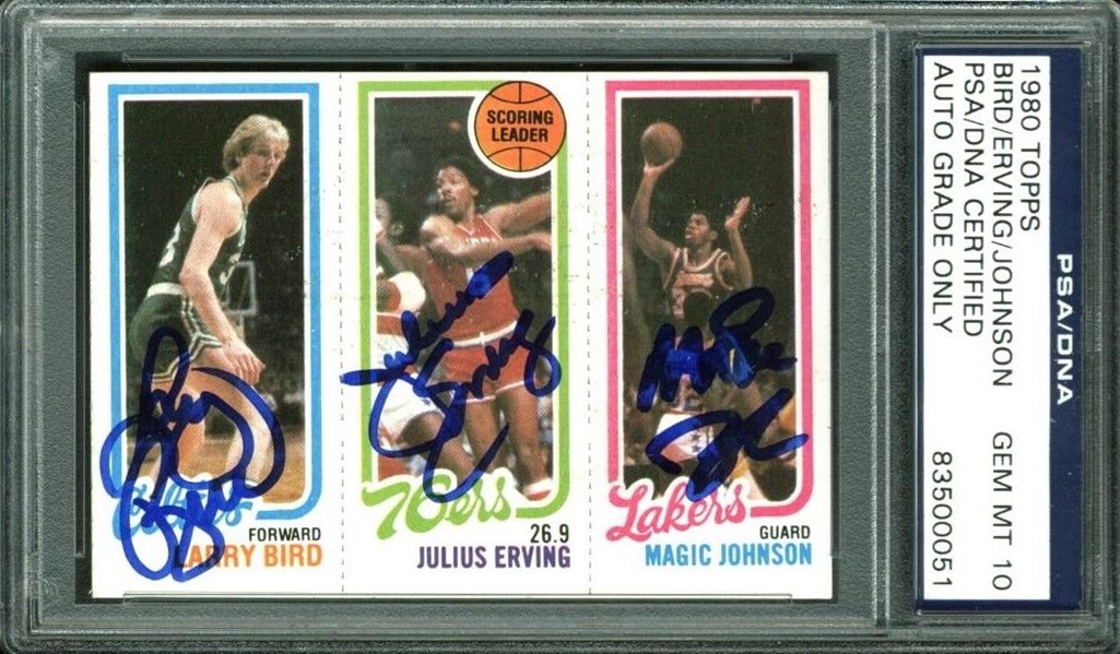1980-81 Topps Multi-Signed Magic Johnson, Larry Bird & Julius Erving Card - Magic & Birds Rookie - PSA/DNA Graded GEM MINT 10!
