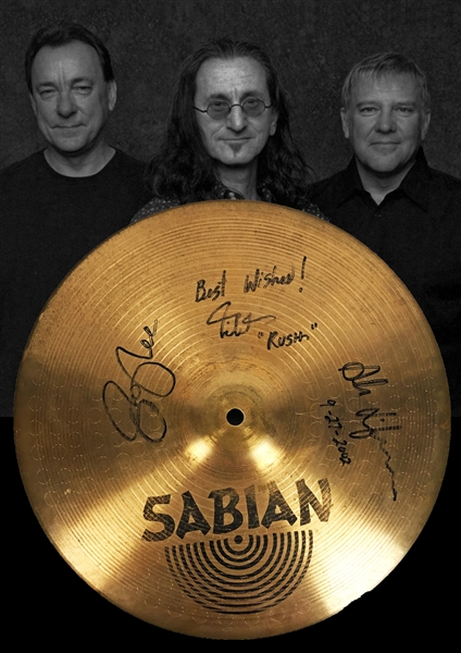 Rush: ULTRA RARE Group Signed 14" Sabian Drum Symbol w/ Lee, Peart & Lifeson! (JSA)