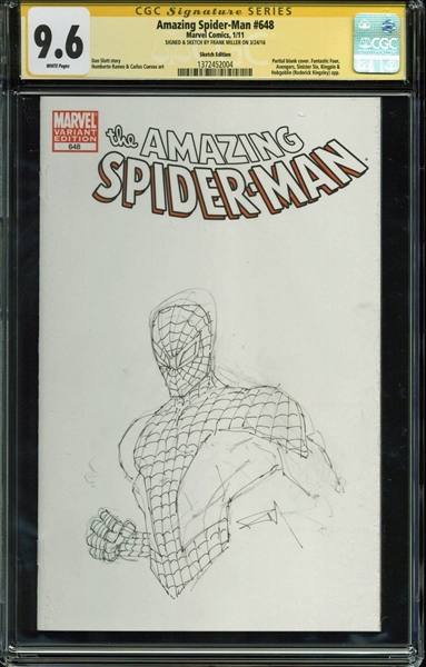 Frank Miller Signed "The Amazing Spider-Man #648" Variant Edition Comic Book w/ Hand-Drawn Spider-Man Sketch! (CGC 9.6)