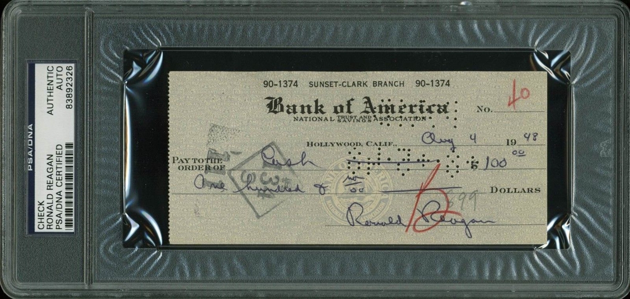 Ronald Reagan Handwritten & Signed Vintage 1948 Bank Check (PSA/DNA Encapsulated)