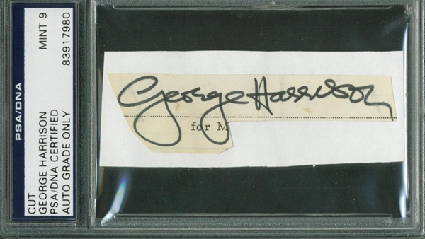 The Beatles: George Harrison Signed 1" x 3" Album Page PSA/DNA Graded MINT 9!