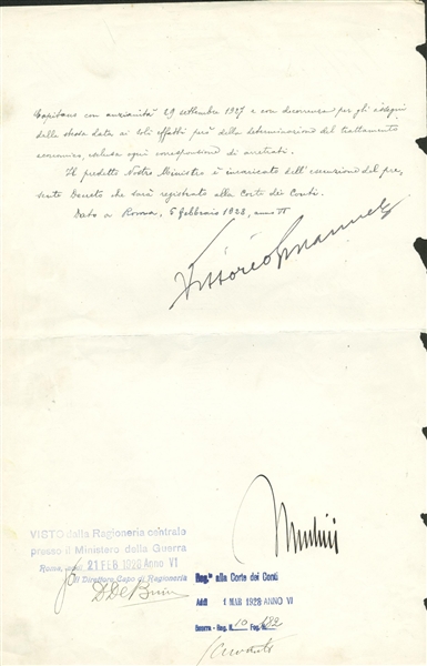 Benito Mussolini and Vittorio Emanuele III Dual Signed 1934 Document (PSA/DNA)