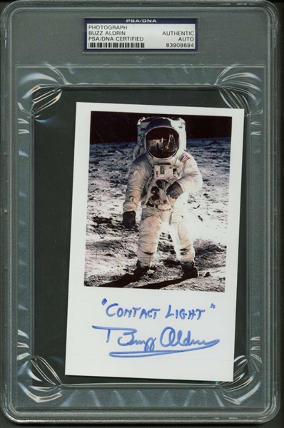 Buzz Aldrin Signed 3" x 5" Moon Photograph w/ "Contact Light" Inscription (PSA/DNA Encapsulated)