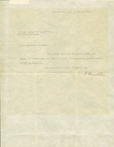 Albert Einstein Vintage 1934 Tremendously Signed Typed Letter (JSA)