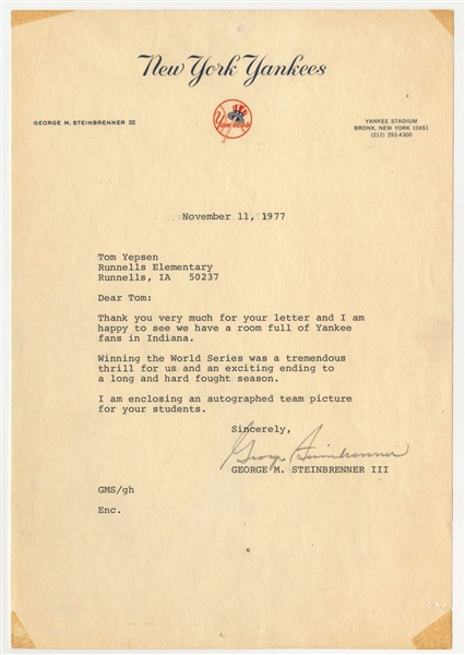 The Boss: George Steinbrenner Signed 1977 Letter w/ World Series Content! (PSA/DNA)