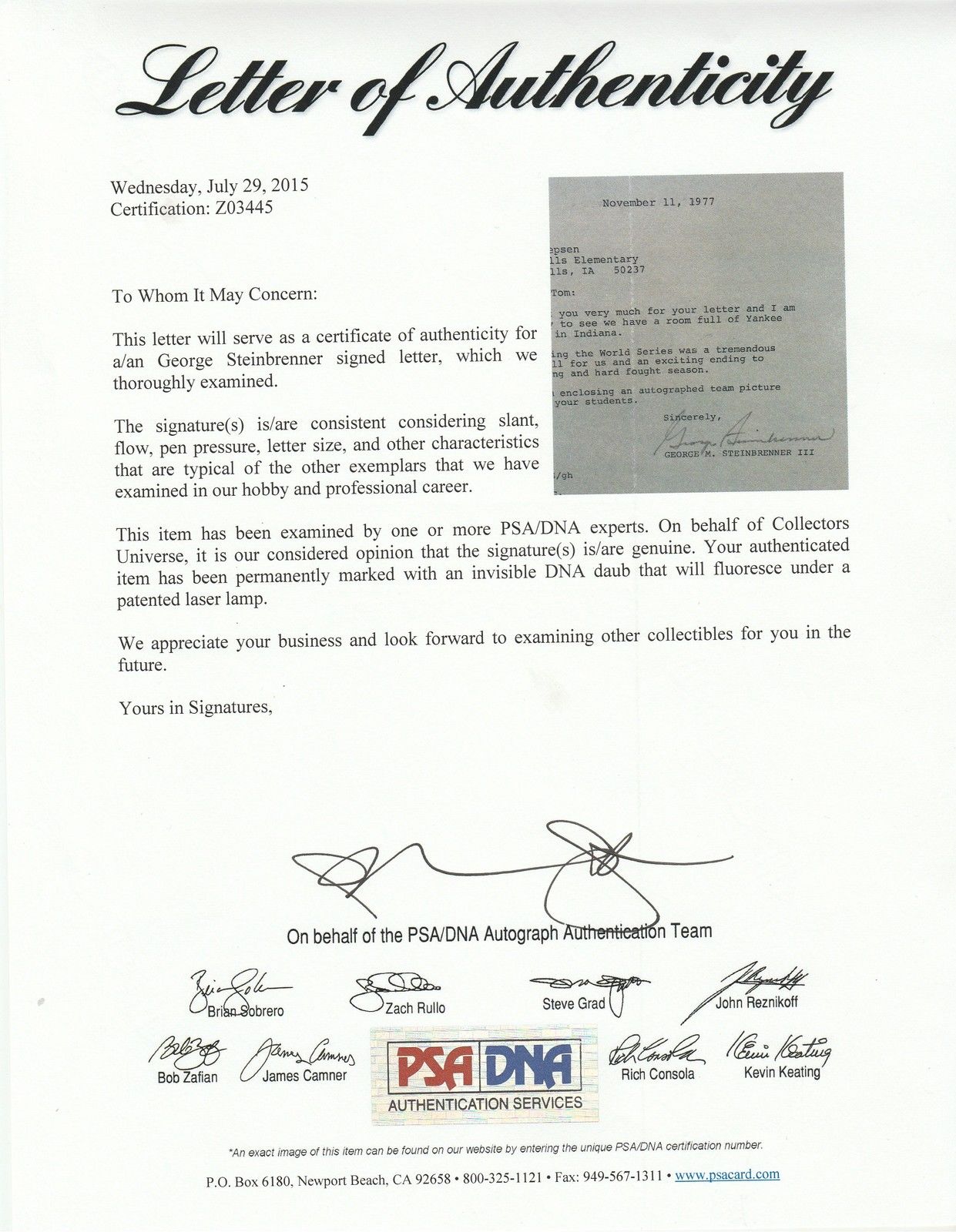 Detail The Boss: George Signed 1977 Letter w/ World Series Content! (PSA/DNA)