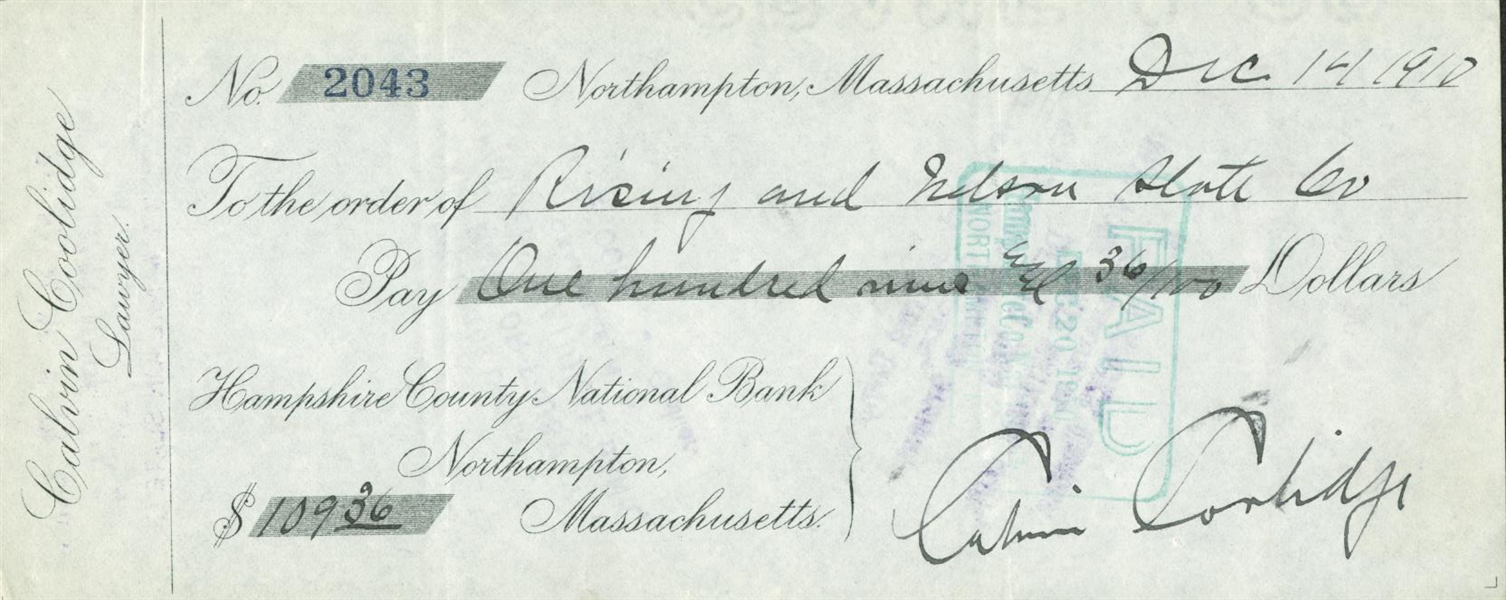 President Calvin Coolidge Handwritten & Signed 1910 Bank Check (PSA/JSA Guaranteed)