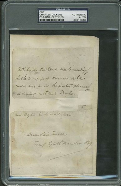 Charles Dickens Signed & Hand Written 1849 3" x 6" Note To A Presumed Suitor! (PSA/DNA Encapsulated)