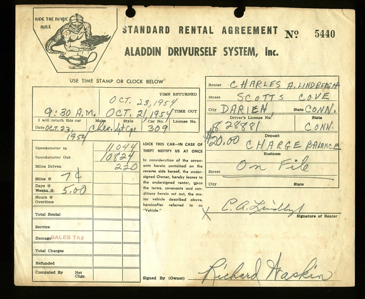 Charles Lindbergh Signed 1954 Car Rental Agreement (PSA/DNA)