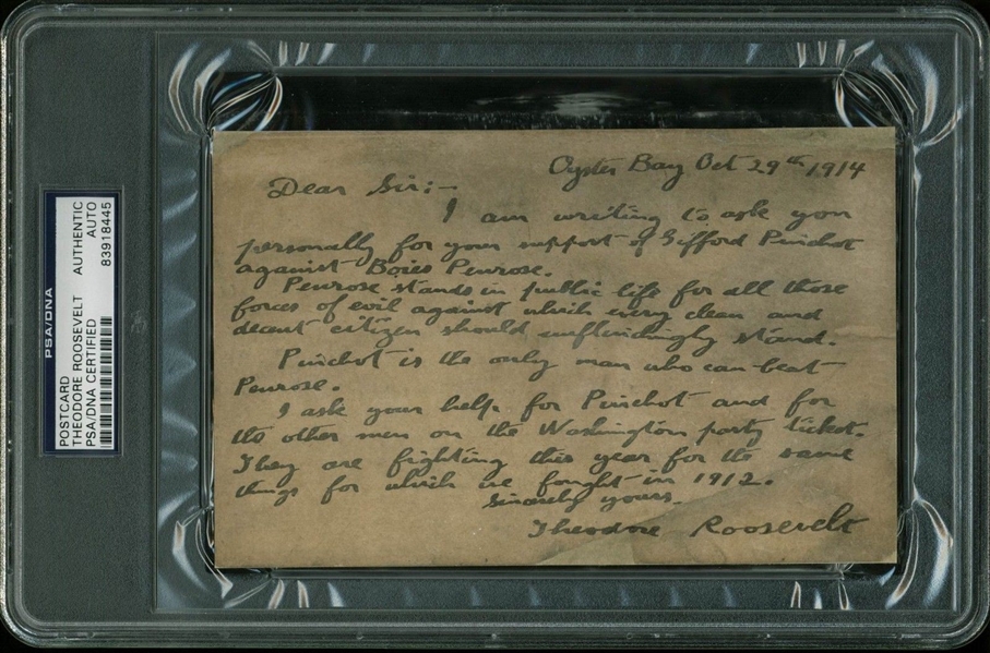 Theodore Roosevelt Handwritten & Signed Mailing Card in Support of Conservationist Gifford Pinchot (PSA/DNA Encapsulated)