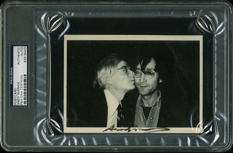 Rare Andy Warhol Signed "Warhol Kissing Lennon" 1978 Postcard Photograph (PSA/DNA Encapsulated)