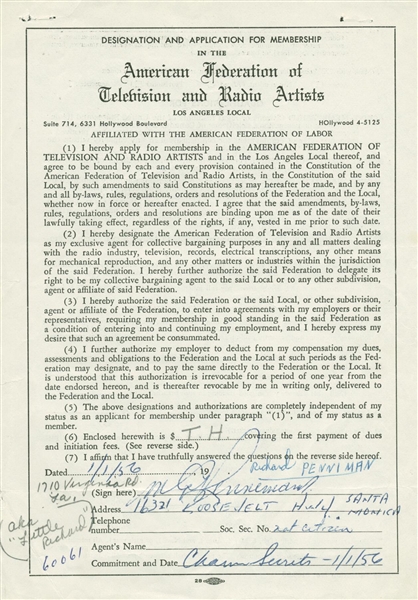 Little Richard Signed 1956 American Federation of Television and Radio Artist Membership! (JSA)