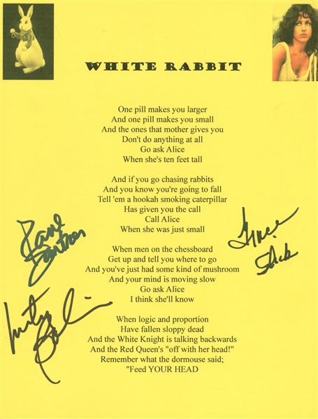 Jefferson Airplane Signed 8" x 10" White Rabbit Lyrics w/ Grace Slick & Others! (PSA/JSA Guaranteed)