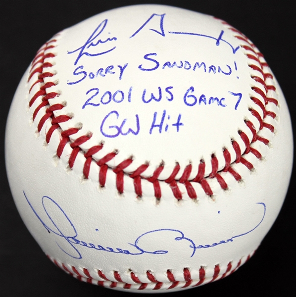 2001 World Series: Mariano Rivera & Luis Gonzalez Dual-Signed & Inscribed OML Baseball (Steiner & PSA/DNA)