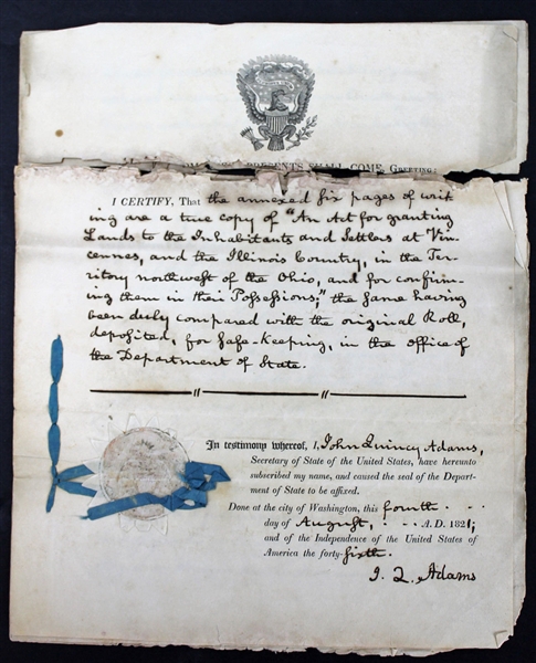 John Quincy Adams Signed 1821 Land Patent Document as Secretary of State (PSA/DNA)