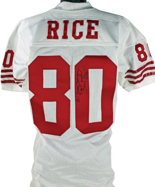 Jerry Rice 1992 Game Used & Signed 49ers Jersey Gifted to Larry Johnson (MEARS A10 & PSA/DNA)