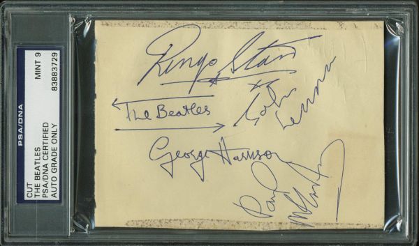The Beatles: Impressive 3" x 5" Signed Album Page w/ Lennon, McCartney, Harrison & Starr PSA/DNA Graded MINT 9!