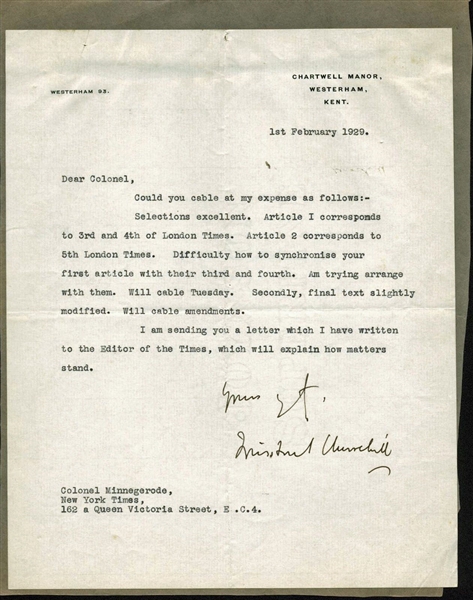 Winston Churchill Typed and Hand-Signed 1929 Letter on Personal Chartwell Manor Letterhead (PSA/DNA)