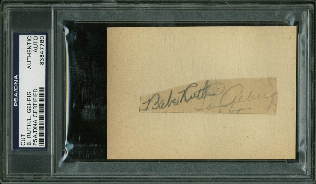 Babe Ruth & Lou Gehrig Impressive Dual Signed 2" x 4" Album Page (PSA/DNA Encapsulated)