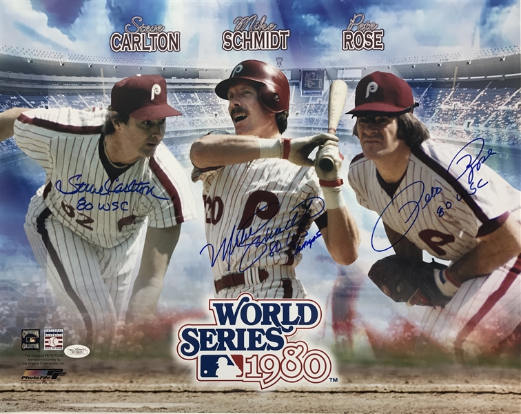 Phillies: 1980 World Series Heroes Signed 16" x 20" Color Photo with Rose, Schmidt & Carlton (JSA)