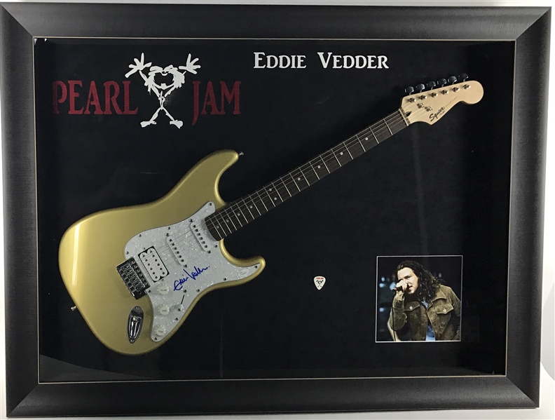 Pearl Jam: Eddie Vedder Rare Signed Fender Squier Strat Guitar in HUGE Custom Framed Display (JSA)