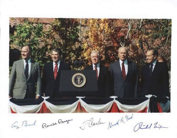 The Five Presidents Ultra-Rare Signed 11" x 14" Large Format Photograph w/ Reagan, Nixon, Ford, Bush & Carter (PSA/DNA & JSA)