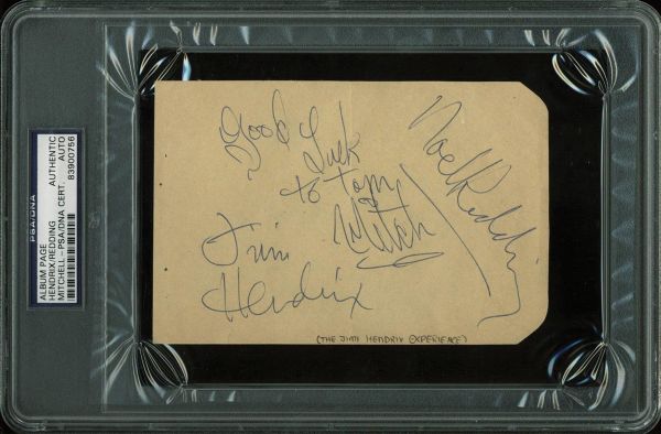 Jimi Hendrix Experience: Jimi Hendrix, Noel Redding & Mitch Mitchell Near-Mint Signed 4" x 6" Album Page (PSA/DNA Encapsulated)