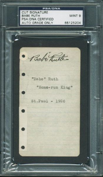 Babe Ruth Beautiful Signed 2.5" x 4.5" Vintage Album Page - PSA/DNA Graded MINT 9