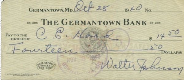 Walter Johnson Signed & Handwritten 1940 Personal Bank Check (JSA)