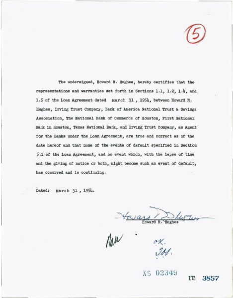 RARE Howard Hughes Superbly Signed 1954 Loan Document (PSA/DNA)