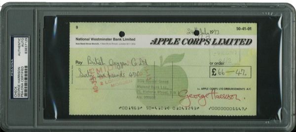 The Beatles: George Harrison Signed Apple Corps Limited Bank Check (PSA/DNA Encapsulated)