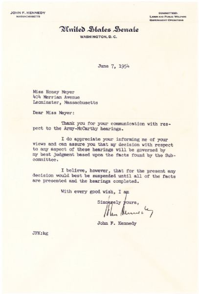 President John F. Kennedy Signed 1954 Letter w/ Army-McCarthy Communist Hearings Content! (PSA/JSA Guaranteed)
