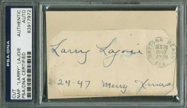 Napoleon Larry Lajoie Signed 2" x 4" Vintage 1947 Album Page w/ "Merry X Mas" Inscription! (PSA/DNA Encapsulated)