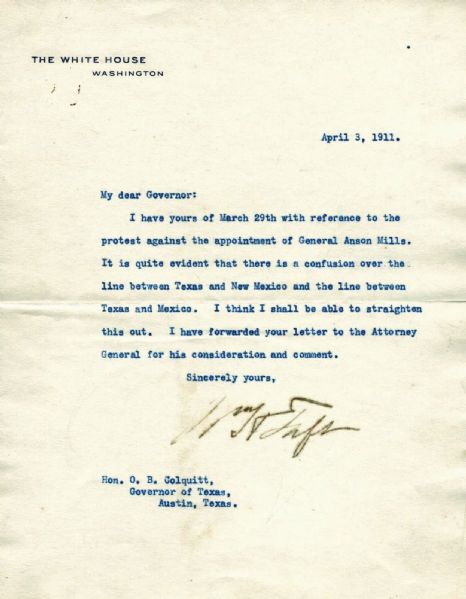 President William H. Taft Signed 1911 Typed White House Letter w/ Mexico/New Mexico Border War Content! (PSA/DNA)
