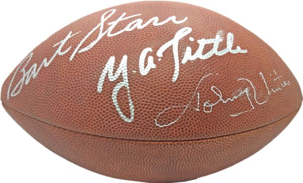 1960s QB Legends: Bart Starr, Y.A. Tittle & Johnny Unitas Unique Signed Official NFL Football (JSA)