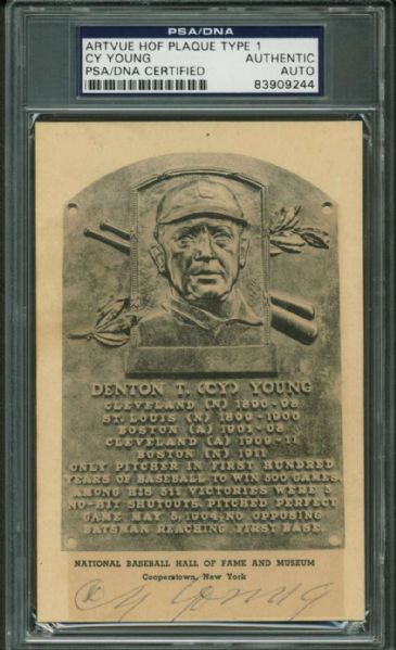 Cy Young Signed Original HOF Type 1 Plaque Card (PSA/DNA Encapsulated)