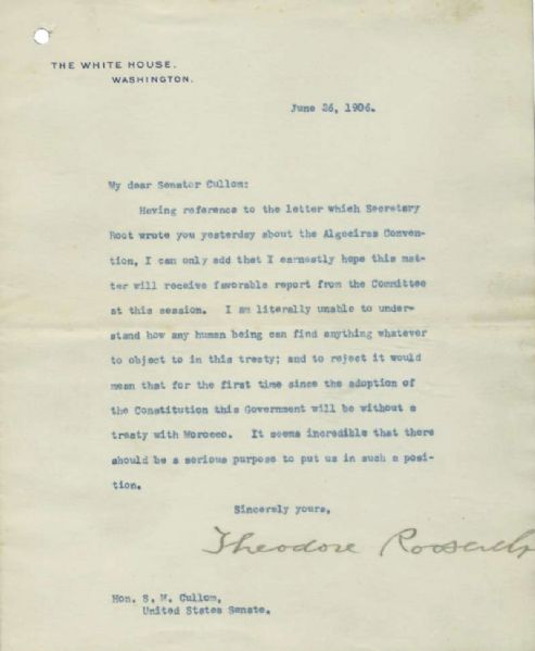Theodore Roosevelt Signed 1906 Presidential Letter w/ Morocco Treaty Content! (PSA/DNA)