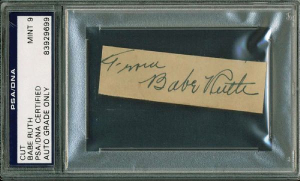Babe Ruth Exceptionally Signed 1" x 3" Album Page PSA/DNA Graded MINT 9!
