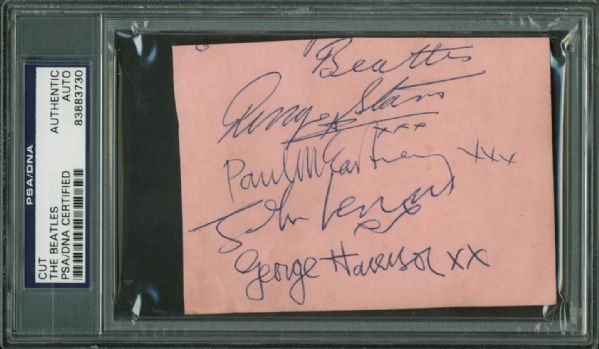 The Beatles Near-Mint Scarce c. 1964 Group Signed 3" x 5" Album Page w/ McCartney, Lennon, Harrison & Starr! (PSA/DNA Encapsulated)