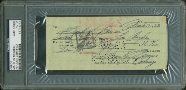 Marilyn Monroe Near-Mint Signed & Hand Written 1953 Bank Check (PSA/DNA Encapsulated)