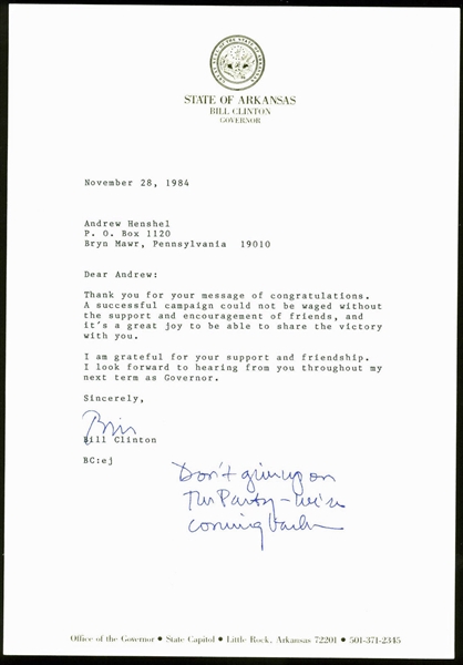Bill Clinton Typed & Signed Letter as Arkansas Governor (PSA/DNA)