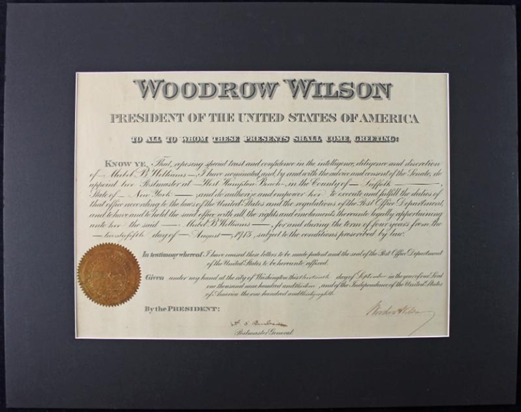 President Woodrow Wilson Signed Postmaster Appointment (1913)(PSA/DNA)