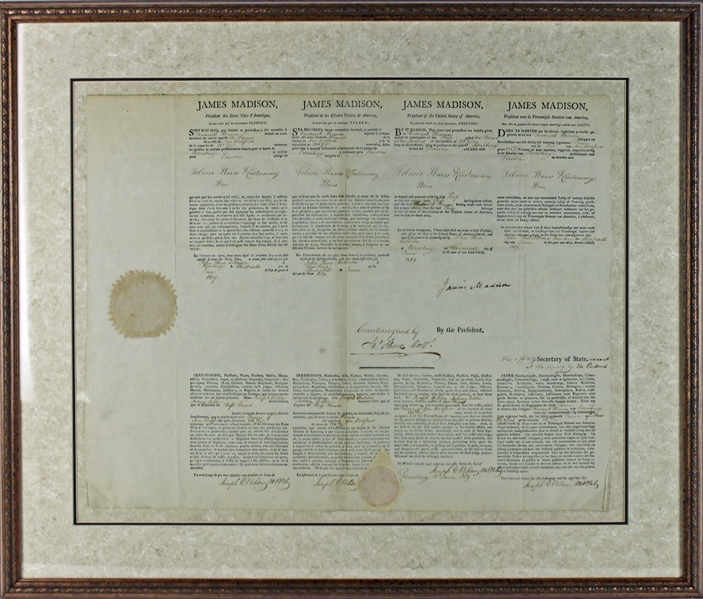 James Madison Rare Signed as President & Framed 4-Language Ships Papers (PSA/DNA)