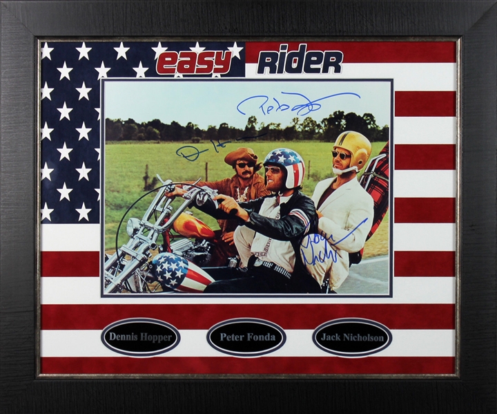 Easy Rider Rare Cast Signed 11" x 14" Photo w/ Nicholson, Fonda & Hopper in Custom Framed Display (PSA/DNA)