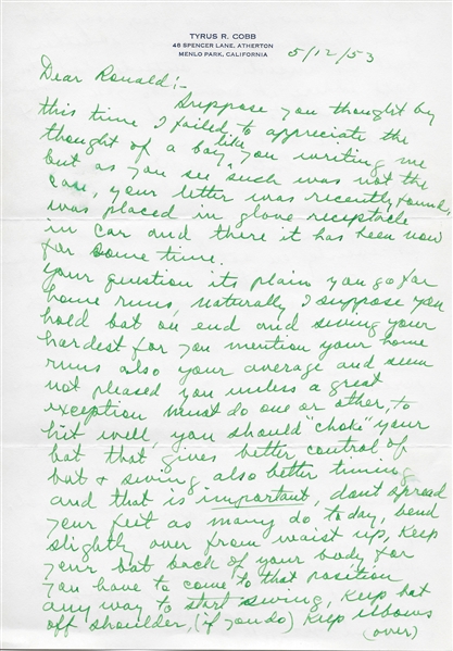 Ty Cobb Handwritten Letter w/Exceptional Baseball Content - Cobb Instructs a Boy How to Hit a Baseball! (JSA)